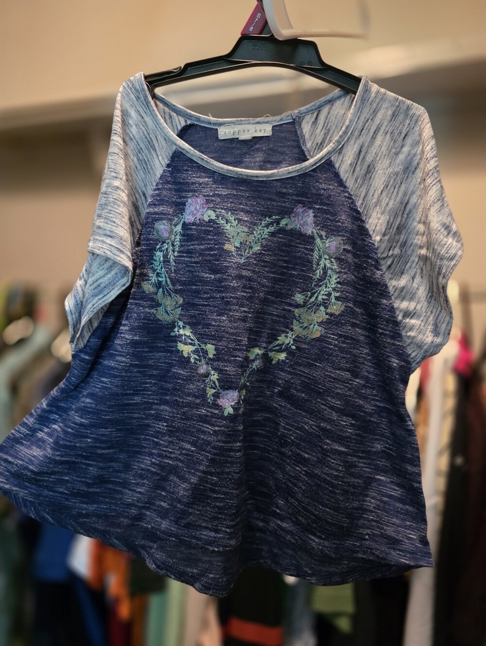 Girls Floral Heart Two Tone Baseball Raglan Style T-Shirt